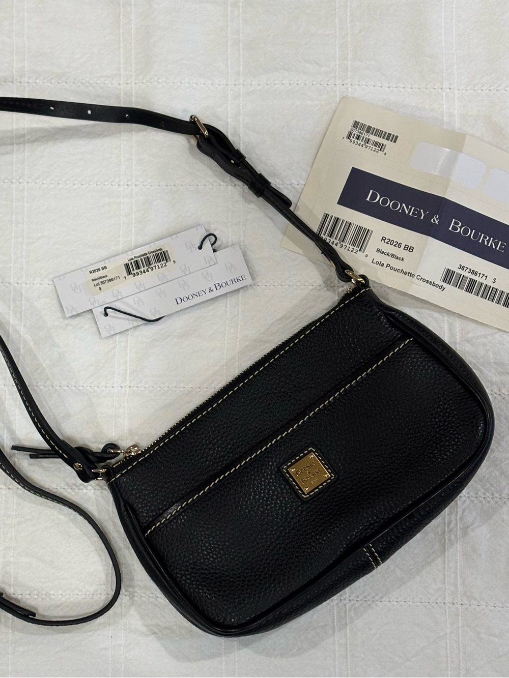 Dooney & Bourke Lola Pouchette Black Pebbled Leather Adjustable Crossbody